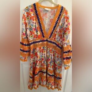 Colorful Floral Cotton/Linen V-Neck Midi Dress